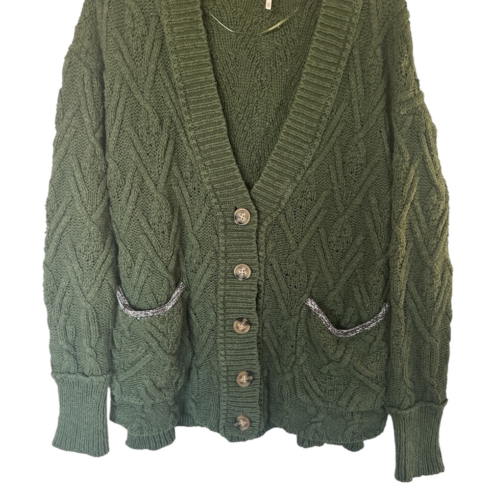 Free People Olive Green Cable Knit Button Cardigan